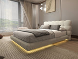 Set Pat dormitor dumonde, tapitat bej, Cloud 160x200 cm, somiera rabatabila inclusa, spatiu depozitare + saltea