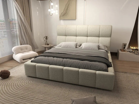 Pat dormitor dumonde, tapitat bej, Prestige 180x200 cm, somiera rabatabila inclusa, spatiu depozitare WLS