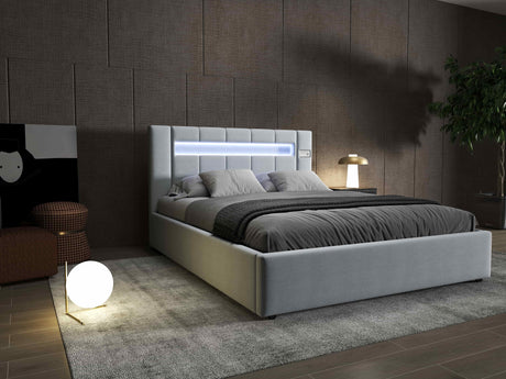 Pat dormitor dumonde, tapitat gri, Glow 140x200 cm, somiera rabatabila inclusa, spatiu depozitare