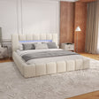 Pat dormitor dumonde, tapitat bej cu LED si USB, Palermo 160x200 cm, somiera rabatabila inclusa, spatiu depozitare