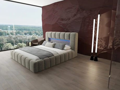Pat dormitor dumonde, tapitat bej cu LED si USB, Palermo 160x200 cm, somiera rabatabila inclusa, spatiu depozitare WLS