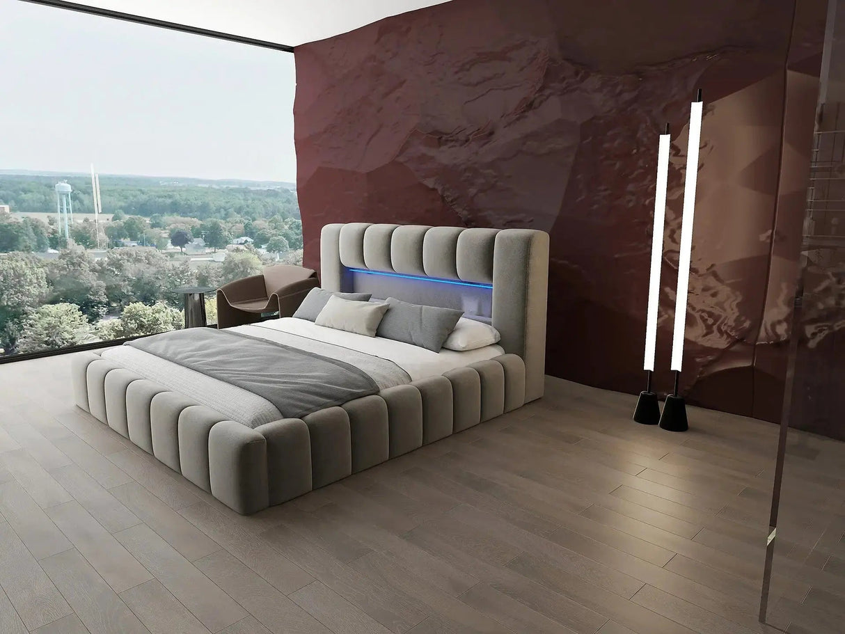 Pat dormitor dumonde, tapitat bej cu LED si USB, Palermo 160x200 cm, somiera rabatabila inclusa, spatiu depozitare WLS