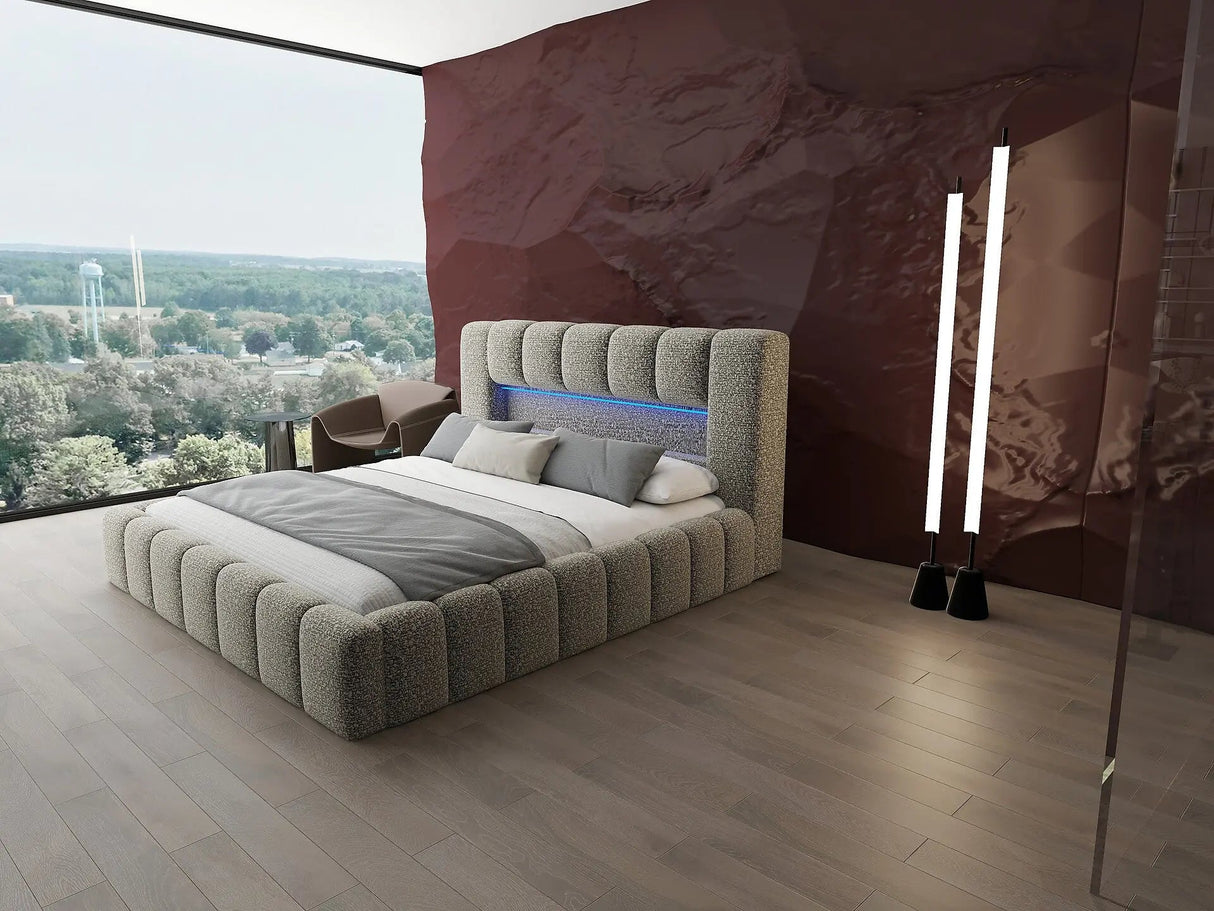 Set Pat dormitor dumonde, tapitat bej cu LED si USB, Palermo 160x200 cm, somiera rabatabila inclusa, spatiu depozitare + saltea