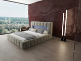Set Pat dormitor dumonde, tapitat bej cu LED si USB, Palermo 160x200 cm, somiera rabatabila inclusa, spatiu depozitare + saltea