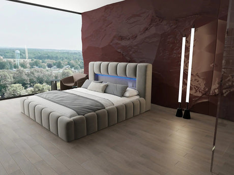 Pat dormitor dumonde, tapitat bej cu LED si USB, Palermo 180x200 cm, somiera rabatabila inclusa, spatiu depozitare WLS
