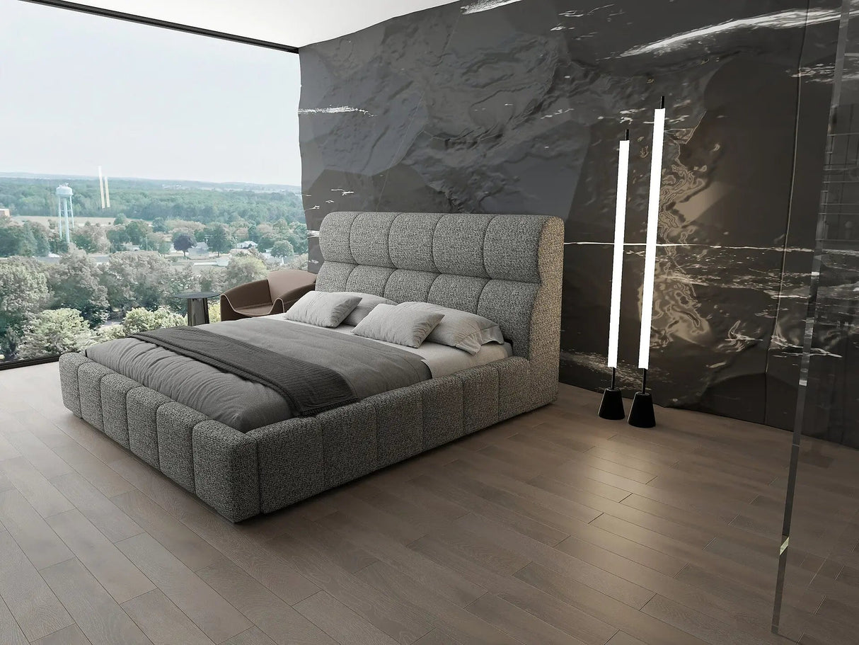 Pat dormitor dumonde, tapitat grey, Prestige 180x200 cm, somiera rabatabila inclusa, spatiu depozitare