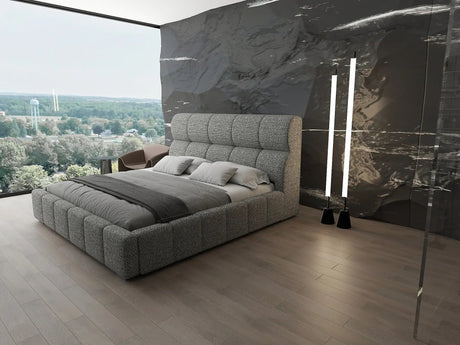 Pat dormitor dumonde, tapitat bej, Prestige 180x200 cm, somiera rabatabila inclusa, spatiu depozitare WLS