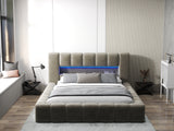 Pat dormitor dumonde, tapitat bej cu LED si USB, Palermo 160x200 cm, somiera rabatabila inclusa, spatiu depozitare WLS