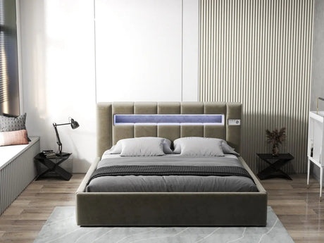 Pat dormitor dumonde, tapitat bej, Glow 160x200 cm, somiera rabatabila inclusa, spatiu depozitare