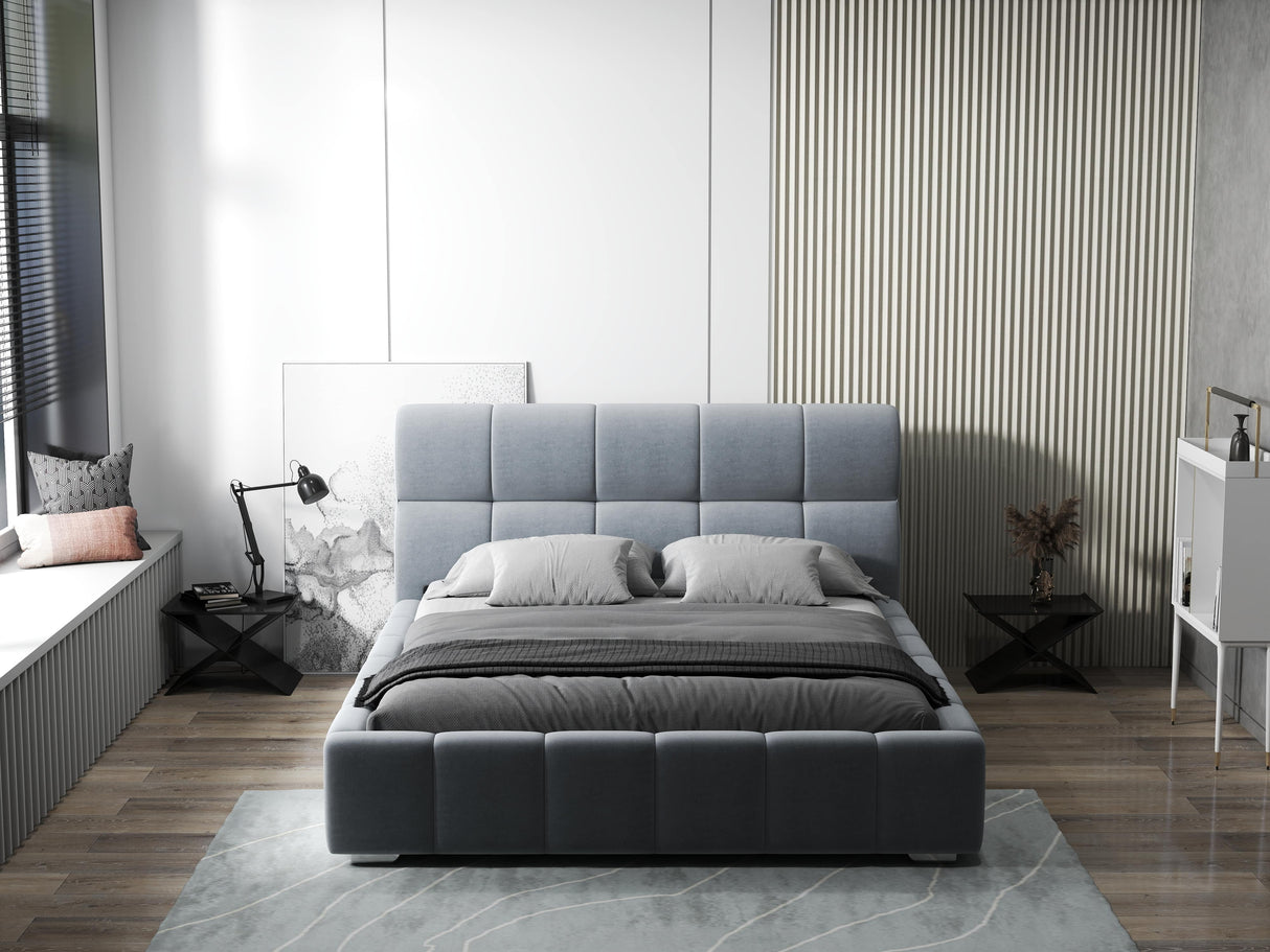 Pat dormitor dumonde, tapitat gri, Prestige 160x200 cm, somiera rabatabila inclusa, spatiu depozitare WLS