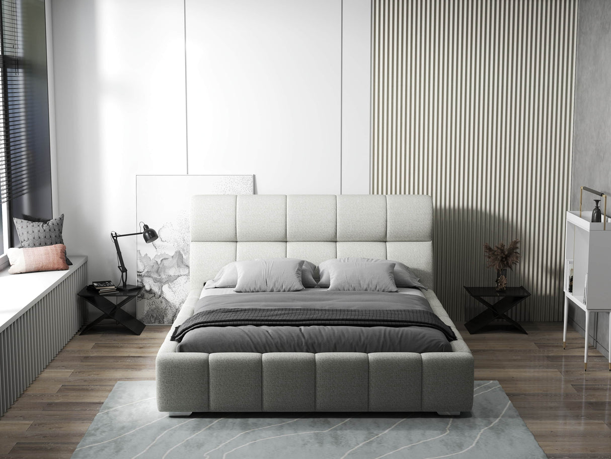 Pat dormitor dumonde, tapitat bej, Prestige 180x200 cm, somiera rabatabila inclusa, spatiu depozitare WLS