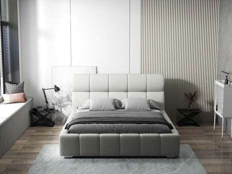 Pat dormitor dumonde, tapitat bej, Prestige 180x200 cm, somiera rabatabila inclusa, spatiu depozitare WLS