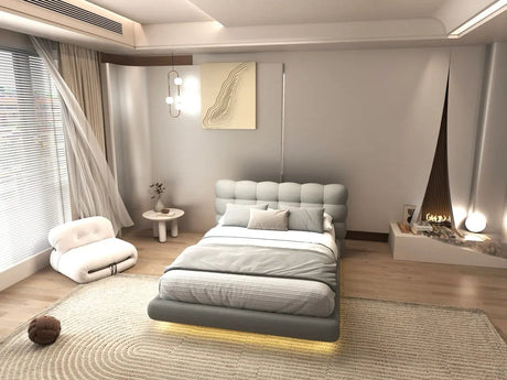 Pat dormitor dumonde, tapitat gri cu LED, "floating bed" Cloud 180x200 cm, somiera inclusa