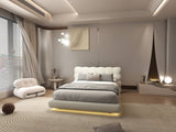 Set Pat dormitor dumonde, tapitat bej, Cloud 160x200 cm, somiera rabatabila inclusa, spatiu depozitare + saltea