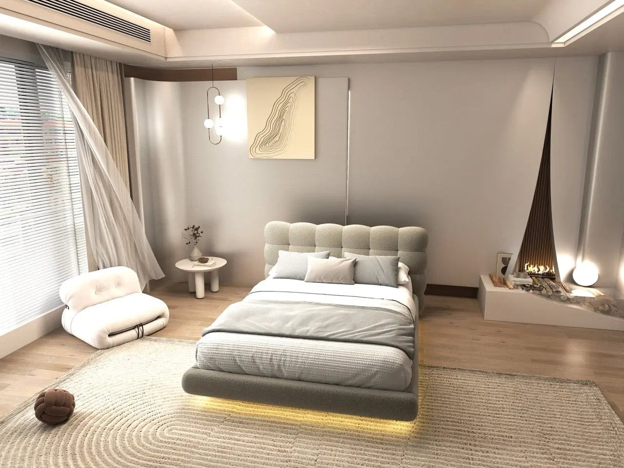 Pat dormitor dumonde, tapitat bej cu LED, "floating bed" Cloud 160x200 cm, somiera inclusa WLS