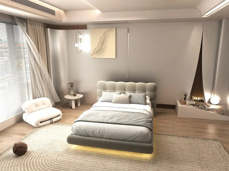 Pat dormitor dumonde, tapitat bej cu LED, "floating bed" Cloud 160x200 cm, somiera inclusa WLS