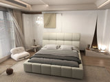 Pat dormitor dumonde, tapitat bej, Prestige 180x200 cm, somiera rabatabila inclusa, spatiu depozitare WLS
