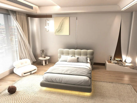 Pat dormitor dumonde, tapitat bej cu LED, "floating bed" Cloud 160x200 cm, somiera inclusa WLS