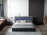 Pat dormitor dumonde, tapitat gri cu LED si USB, Palermo 180x200 cm, somiera rabatabila inclusa, spatiu depozitare WLS