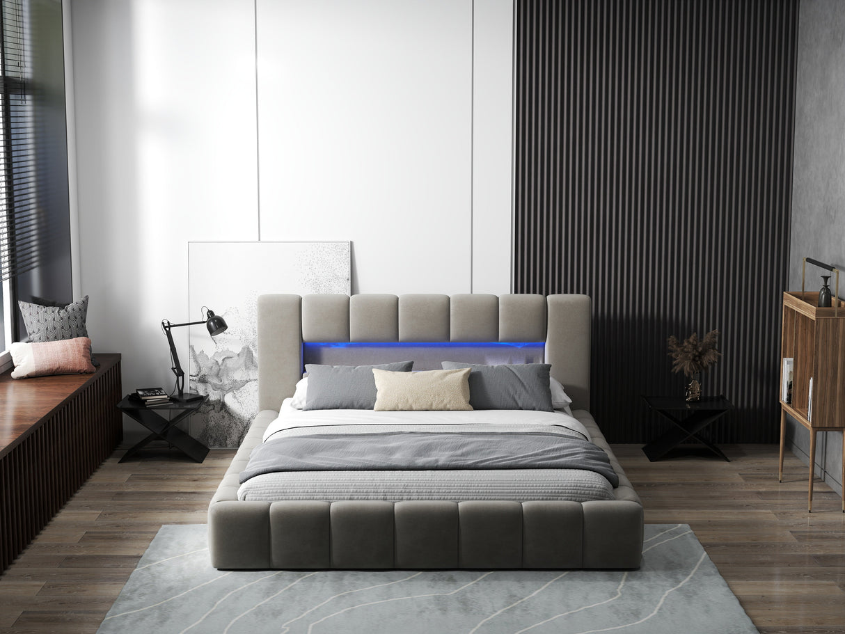 Pat dormitor dumonde, tapitat bej cu LED si USB, Palermo 180x200 cm, somiera rabatabila inclusa, spatiu depozitare WLS