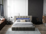 Pat dormitor dumonde, tapitat bej cu LED si USB, Palermo 180x200 cm, somiera rabatabila inclusa, spatiu depozitare WLS