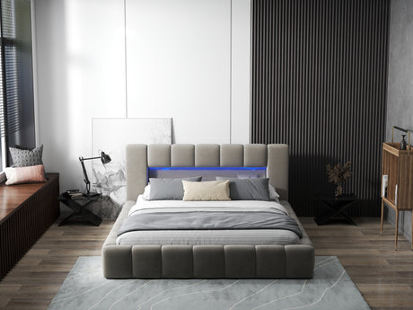 Pat dormitor dumonde, tapitat bej cu LED si USB, Palermo 180x200 cm, somiera rabatabila inclusa, spatiu depozitare WLS