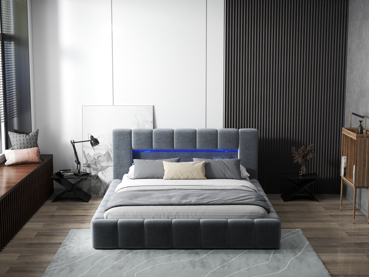 Pat dormitor dumonde, tapitat gri cu LED si USB, Palermo 140x200 cm, somiera rabatabila inclusa, spatiu depozitare WLS