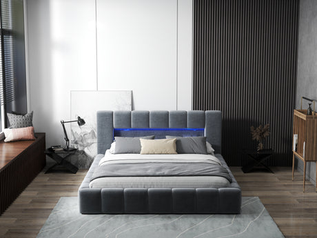 Pat dormitor dumonde, tapitat gri cu LED si USB, Palermo 140x200 cm, somiera rabatabila inclusa, spatiu depozitare WLS