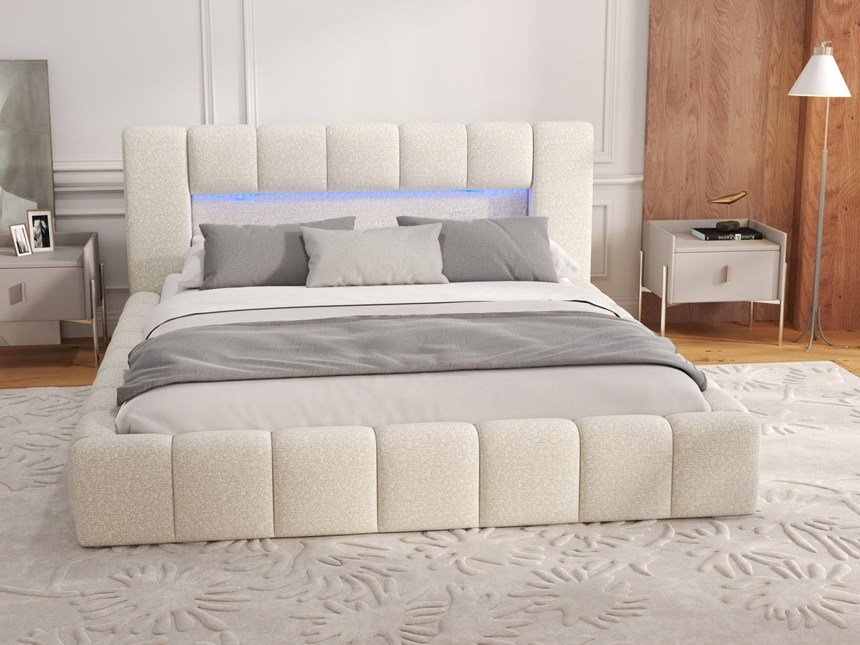 Pat dormitor dumonde, tapitat bej cu LED si USB, Palermo 160x200 cm, somiera rabatabila inclusa, spatiu depozitare