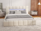 Pat dormitor dumonde, tapitat bej cu LED si USB, Palermo 160x200 cm, somiera rabatabila inclusa, spatiu depozitare
