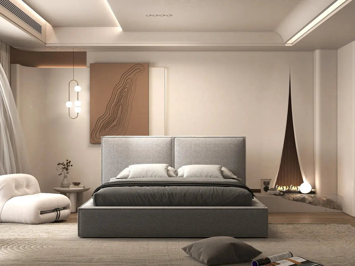 Pat dormitor dumonde, tapitat gri, Dreamer 160x200 cm, somiera rabatabila inclusa, spatiu depozitare WLS