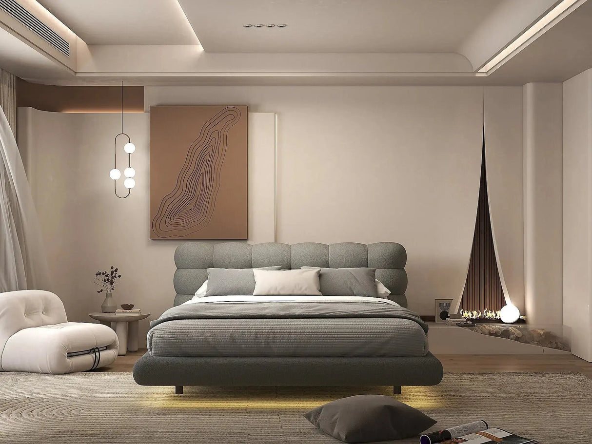 Set Pat dormitor dumonde, tapitat gri cu LED, "floating bed" Cloud 140x200 cm, somiera inclusa + saltea
