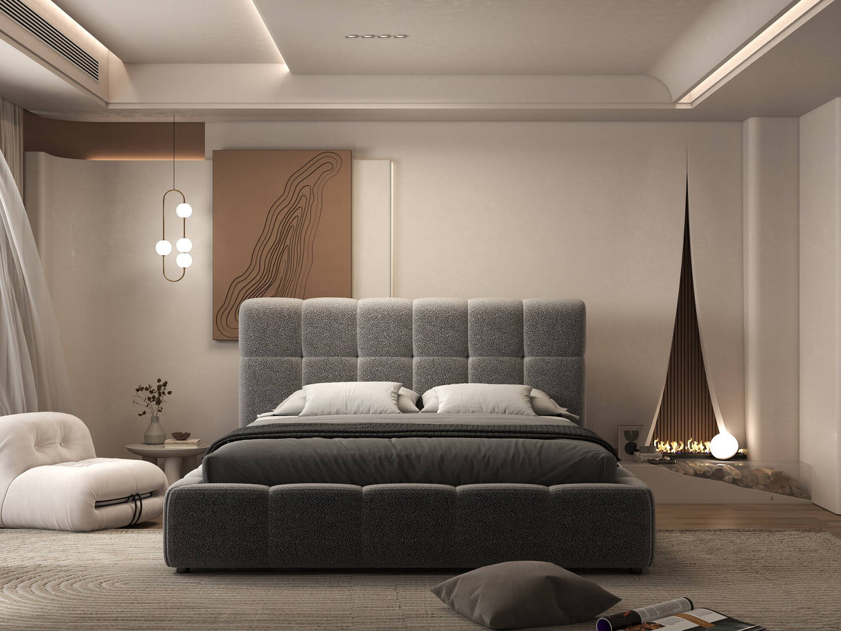 Set Pat dormitor dumonde, tapitat gri, Lorenzo 180X200 cm, somiera rabatabila inclusa, spatiu depozitare + saltea