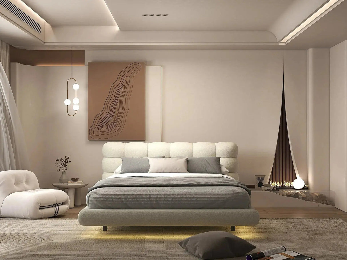Set Pat dormitor dumonde, tapitat gri cu LED, "floating bed" Cloud 180x200 cm, somiera inclusa + saltea