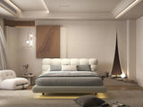 Set Pat dormitor dumonde, tapitat gri cu LED, "floating bed" Cloud 180x200 cm, somiera inclusa + saltea
