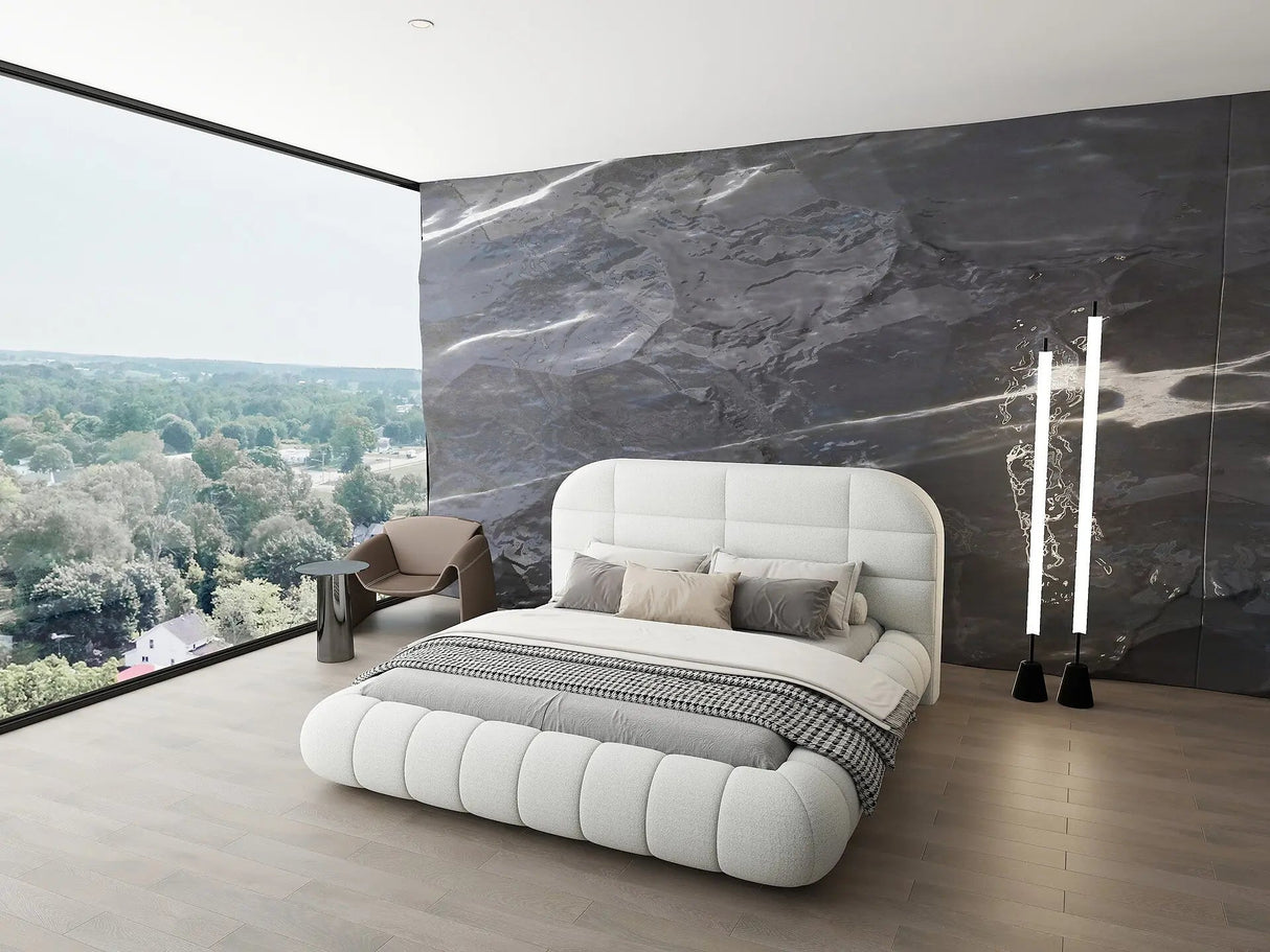 Pat dormitor dumonde, tapitat alb, Senso 160x200 cm, somiera rabatabila inclusa, spatiu depozitare dumonde