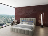 Set Pat dormitor dumonde, tapitat bej cu LED si USB, Palermo 160x200 cm, somiera rabatabila inclusa, spatiu depozitare + saltea