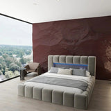 Pat dormitor dumonde, tapitat bej cu LED si USB, Palermo 160x200 cm, somiera rabatabila inclusa, spatiu depozitare WLS