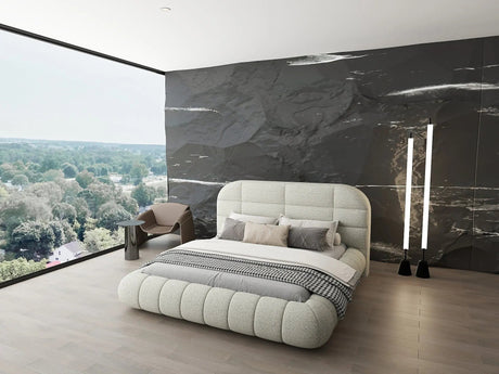 Pat dormitor dumonde, tapitat bej, Senso 180x200 cm, somiera rabatabila inclusa, spatiu depozitare WLS