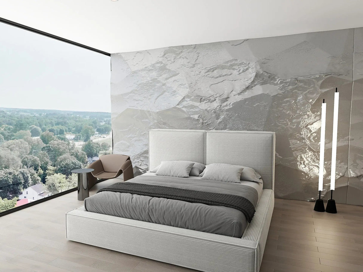 Pat dormitor dumonde, tapitat bej, Dreamer 160x200 cm, somiera rabatabila inclusa, spatiu depozitare WLS