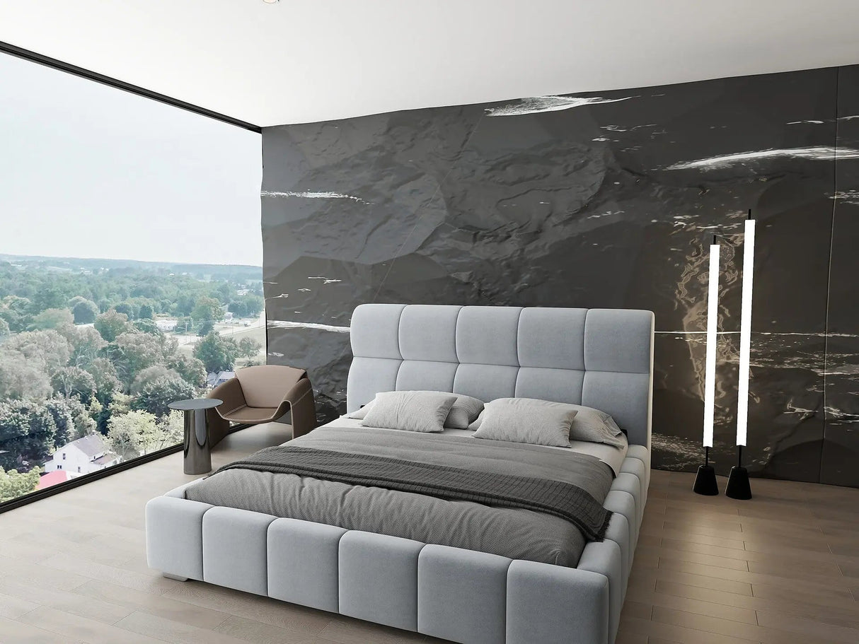 Pat dormitor dumonde, tapitat gri, Prestige 160x200 cm, somiera rabatabila inclusa, spatiu depozitare WLS