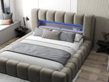 Pat dormitor dumonde, tapitat bej cu LED si USB, Palermo 160x200 cm, somiera rabatabila inclusa, spatiu depozitare WLS