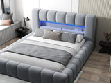 Pat dormitor dumonde, tapitat gri cu LED si USB, Palermo 160x200 cm, somiera rabatabila inclusa, spatiu depozitare WLS