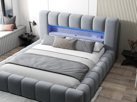 Pat dormitor dumonde, tapitat gri cu LED si USB, Palermo 160x200 cm, somiera rabatabila inclusa, spatiu depozitare WLS