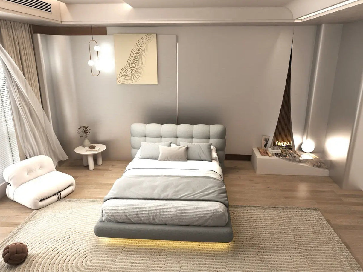 Set Pat dormitor dumonde, tapitat gri cu LED, "floating bed" Cloud 180x200 cm, somiera inclusa + saltea