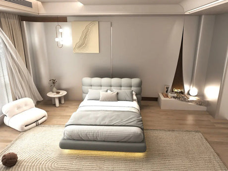 Pat dormitor dumonde, tapitat gri cu LED, "floating bed" Cloud 180x200 cm, somiera inclusa WLS