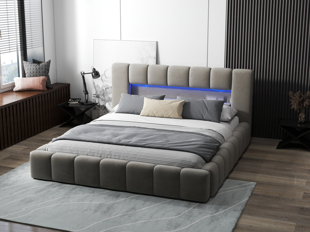 Pat dormitor dumonde, tapitat bej cu LED si USB, Palermo 180x200 cm, somiera rabatabila inclusa, spatiu depozitare WLS