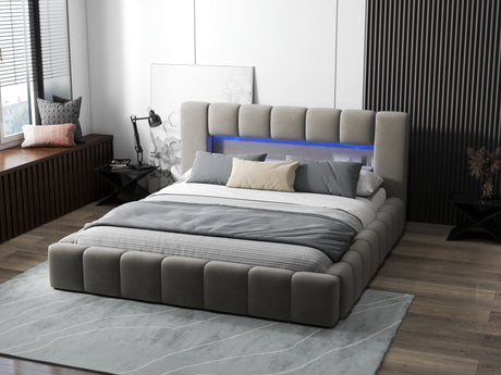 Pat dormitor dumonde, tapitat bej cu LED si USB, Palermo 140x200 cm, somiera rabatabila inclusa, spatiu depozitare WLS