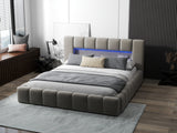 Pat dormitor dumonde, tapitat bej cu LED si USB, Palermo 140x200 cm, somiera rabatabila inclusa, spatiu depozitare WLS