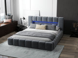 Pat dormitor dumonde, tapitat gri cu LED si USB, Palermo 140x200 cm, somiera rabatabila inclusa, spatiu depozitare WLS